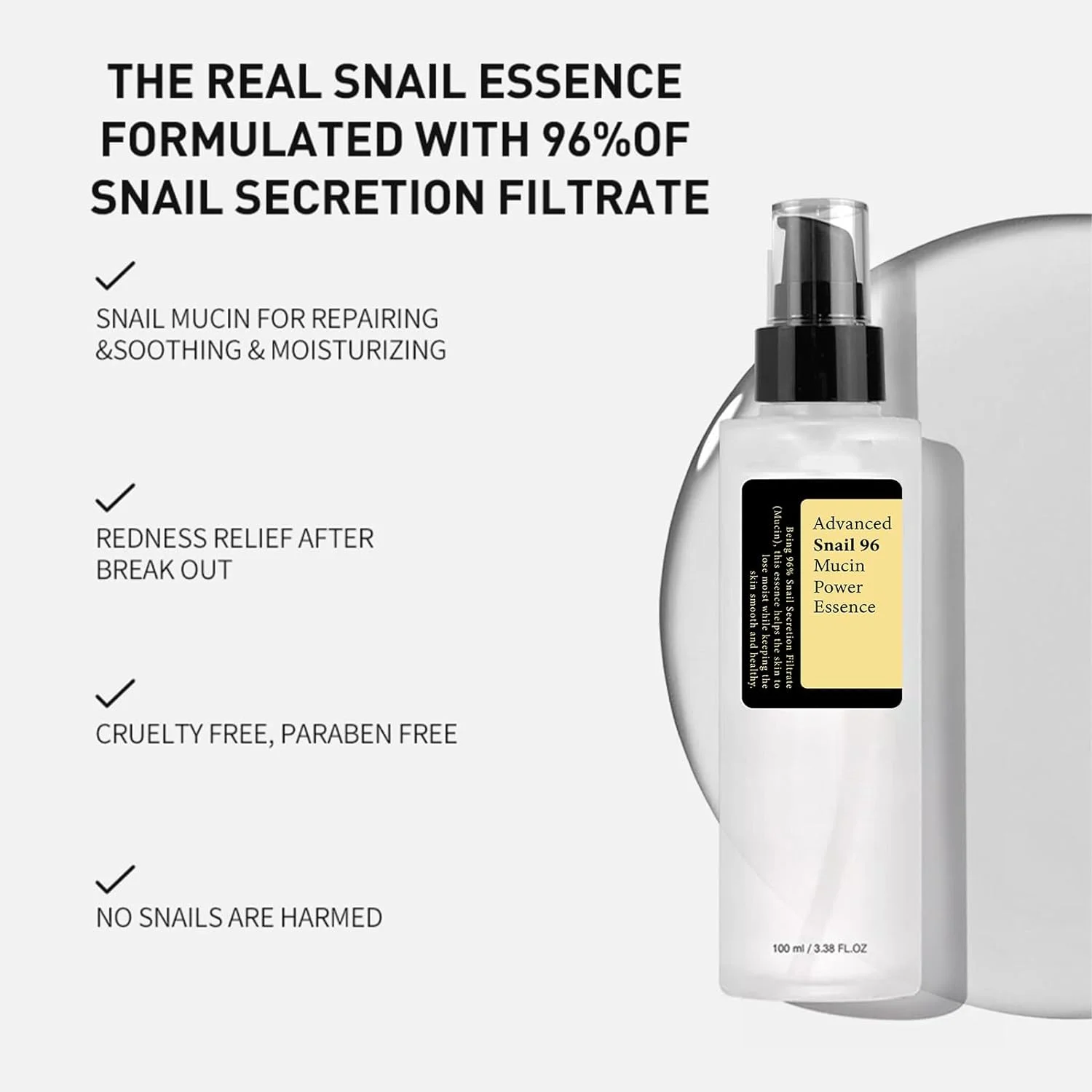 Фото Advanced COSRX Snail Mucin 96% Power Repairing Эссенция 100 мл, ежедневный ремонт сухой и чувствительной кожи №4