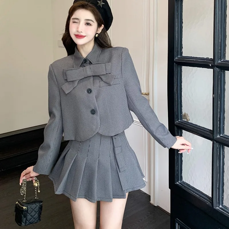 

Ladies Elegant Sweet Students Outfits For Women Gray Plaid Bowknot Long Sleeve Short Coats + Pleated Mini Skirts Two Pieces Sets