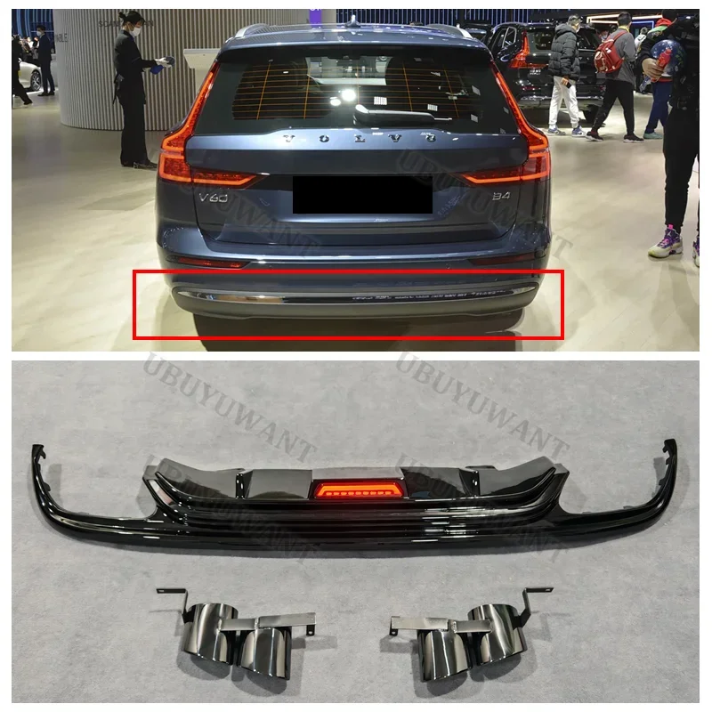 Фото Для VOLVO S60 V60 со светодиодной подсветкой, задняя губа, автомобильный задний бампер, диффузор, задние сплиттеры, спойлер 2020-2025 (включая выхлопные трубы) №5