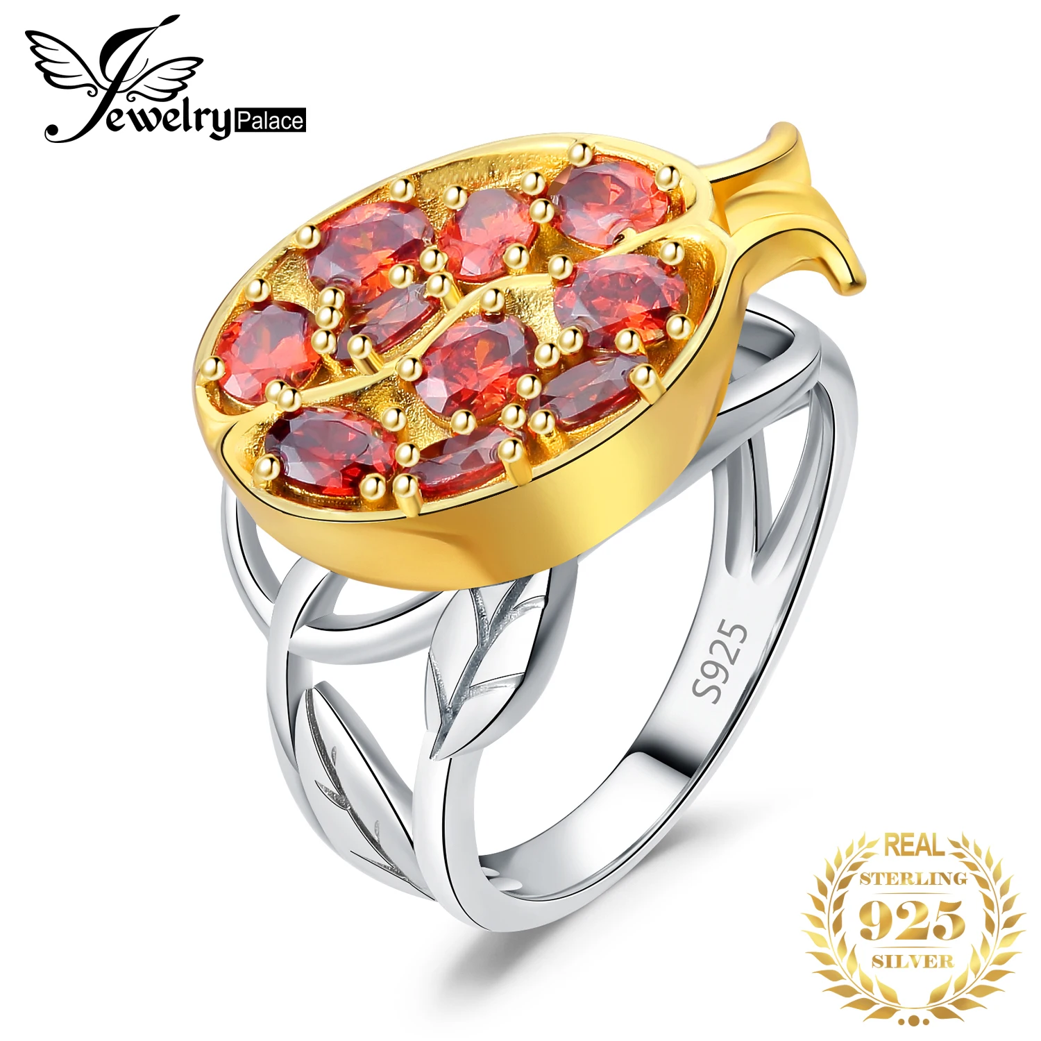 

JewelryPalace New Arrival Pomegranate Leaf Red Gemstone 925 Sterling Silver Cocktail Ring for Woman Fashion Yellow Gold Plated
