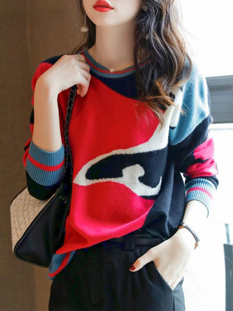 

Женский Повседневный свитер с круглым вырезом, свободный Универсальный вязаный пуловер в стиле пэчворк, модель N215 на осень-зиму