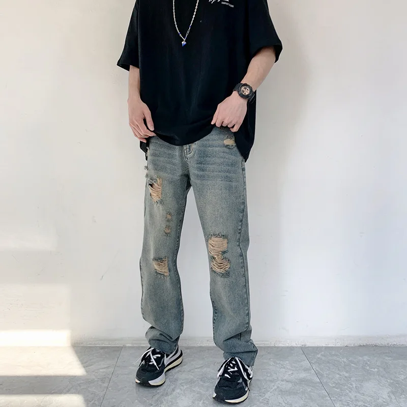 2022 New Streetwear Men Jeans Worn Washed Straight Loose Boys Ripped Jeans for Men Denim Pants Casual Full Length Trousers