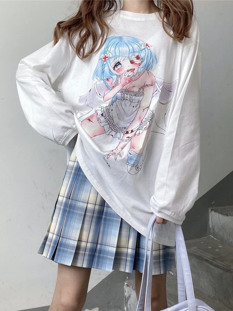 

QWEEK Harajuku Anime Graphic T Shirts Women Japanese Streetwear Manga Print Tees White Long Sleeve Tops 2022 Korean Fashion Kpop