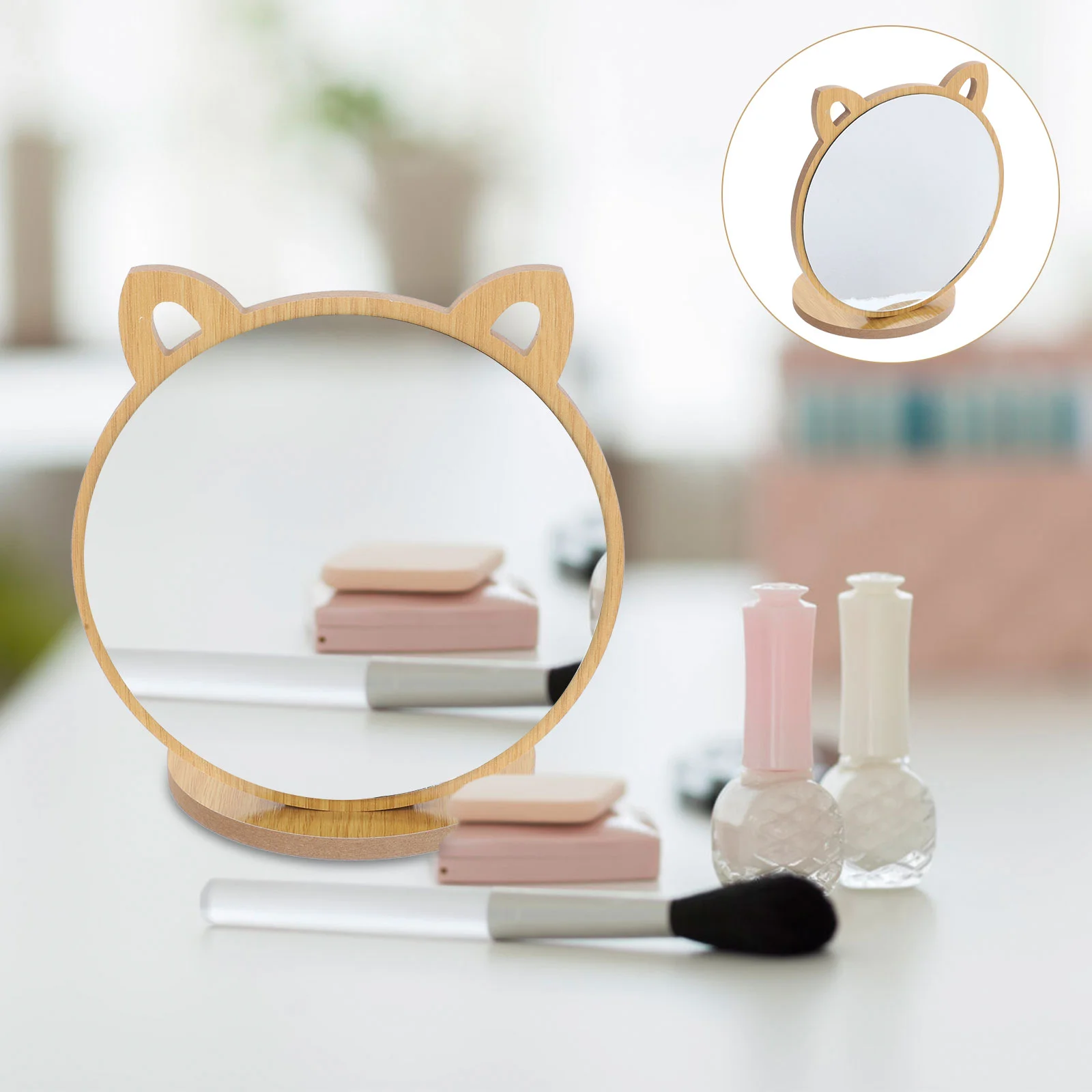 

Mirrors Desktop Makeup Mirror Vanity Wooden Tabletop Wood Cartoon Cat Foldable Travel Portable