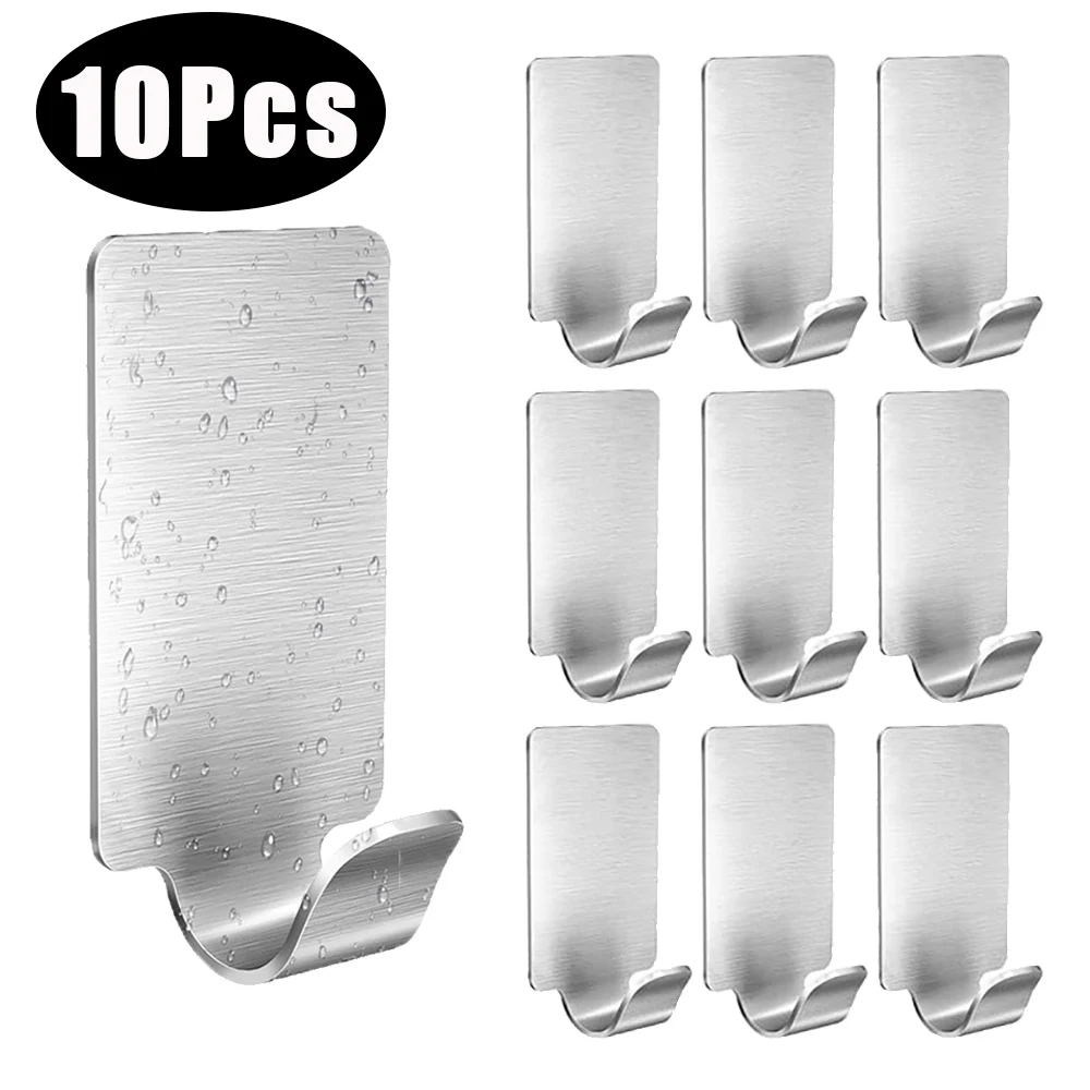 

10Pcs Stainless Steel Heavy Wall Hanger Hook Self Adhesive Hook Towel Rack Multi-purpose Kitchen Rack Shelf Bathroom Organizer