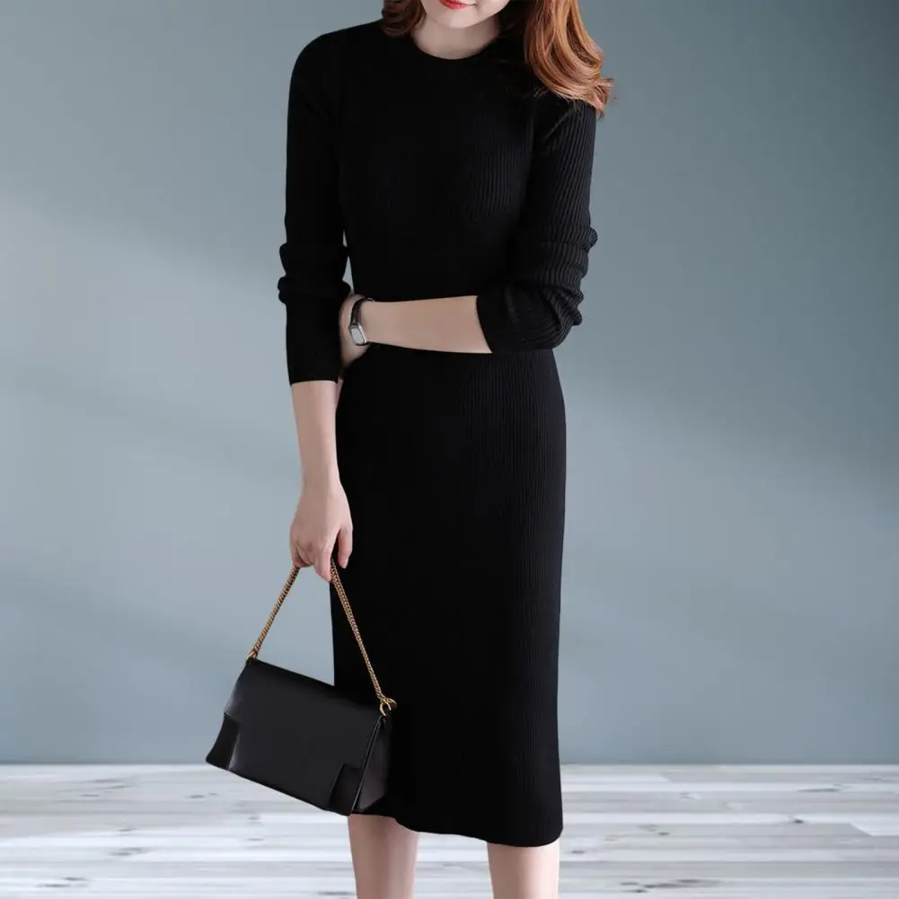

Chic Autumn Dress Slim Fit Keep Warm Bodycon Elastic Anti-pilling Lady Dress
