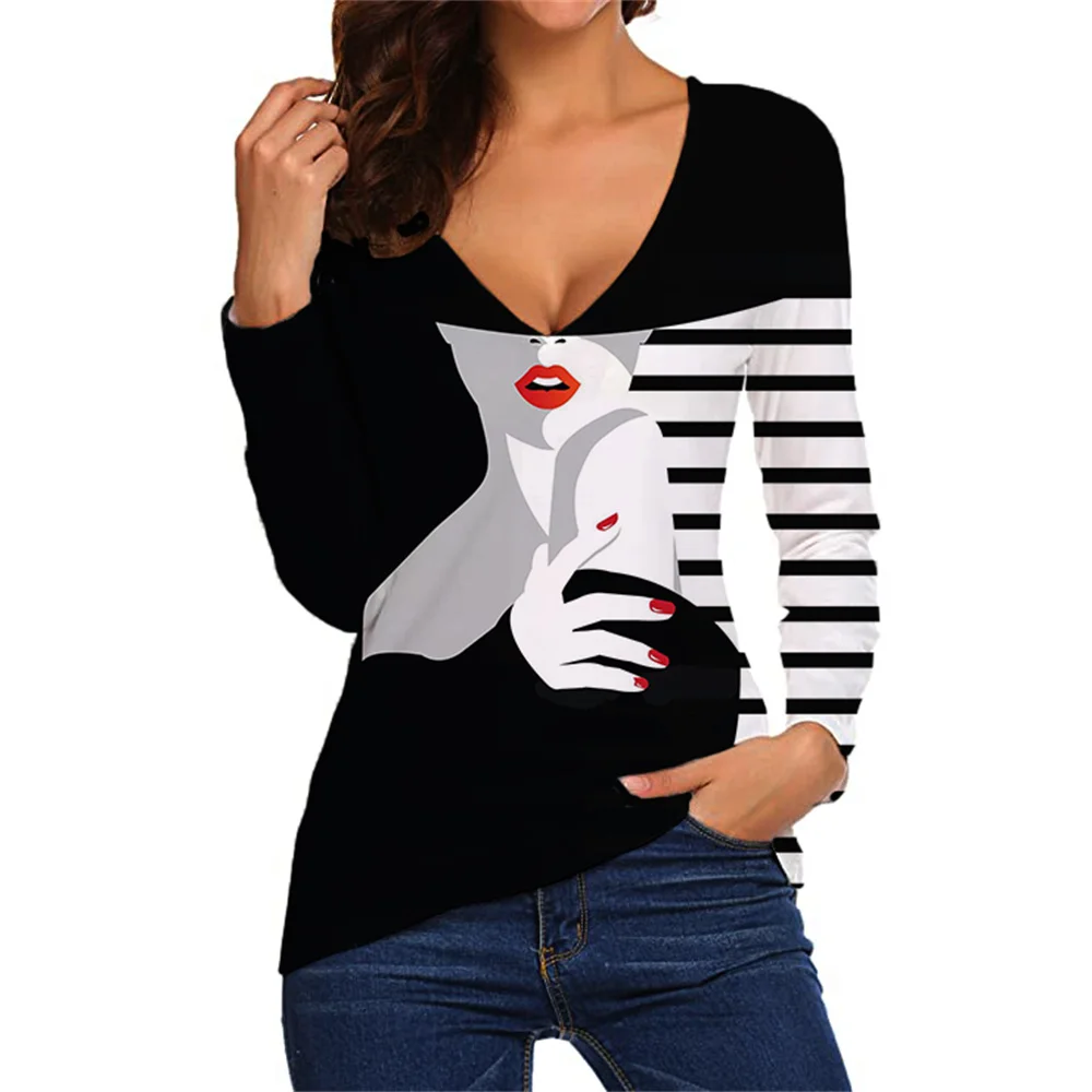 

2022 футболка с длинным рукавом и абстрактным портретом, базовые Топы с длинным принтом и V-образным вырезом, Черная/3D рубашка с принтом, Осень-...