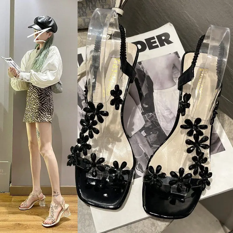 

Fairy wind 2022 summer new Roman elastic thick with diamond flower transparent crystal high heels