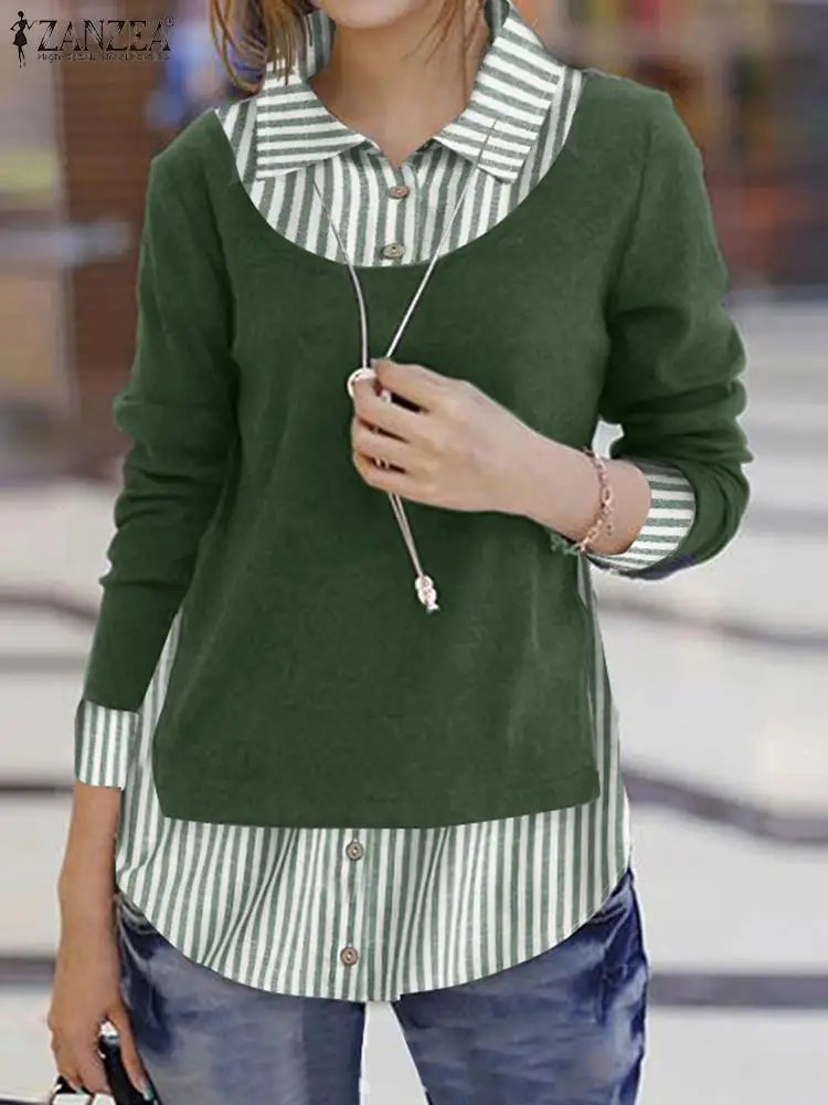 

ZANZEA, модная Осенняя Лоскутная Блузка для женщин, с отворотом, с длинным рукавом, в полоску, рубашка, элегантная, для работы, Blusas Mujer, имитация д...