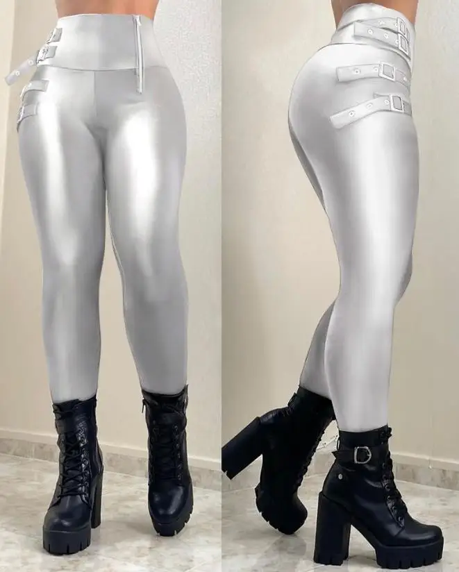 

Women's Pants 2023 Spring Fashion Metallic Buckled Eyelet Zipper Design Casual Skinny Plain High Waist Long Pants Y2K Streetwear