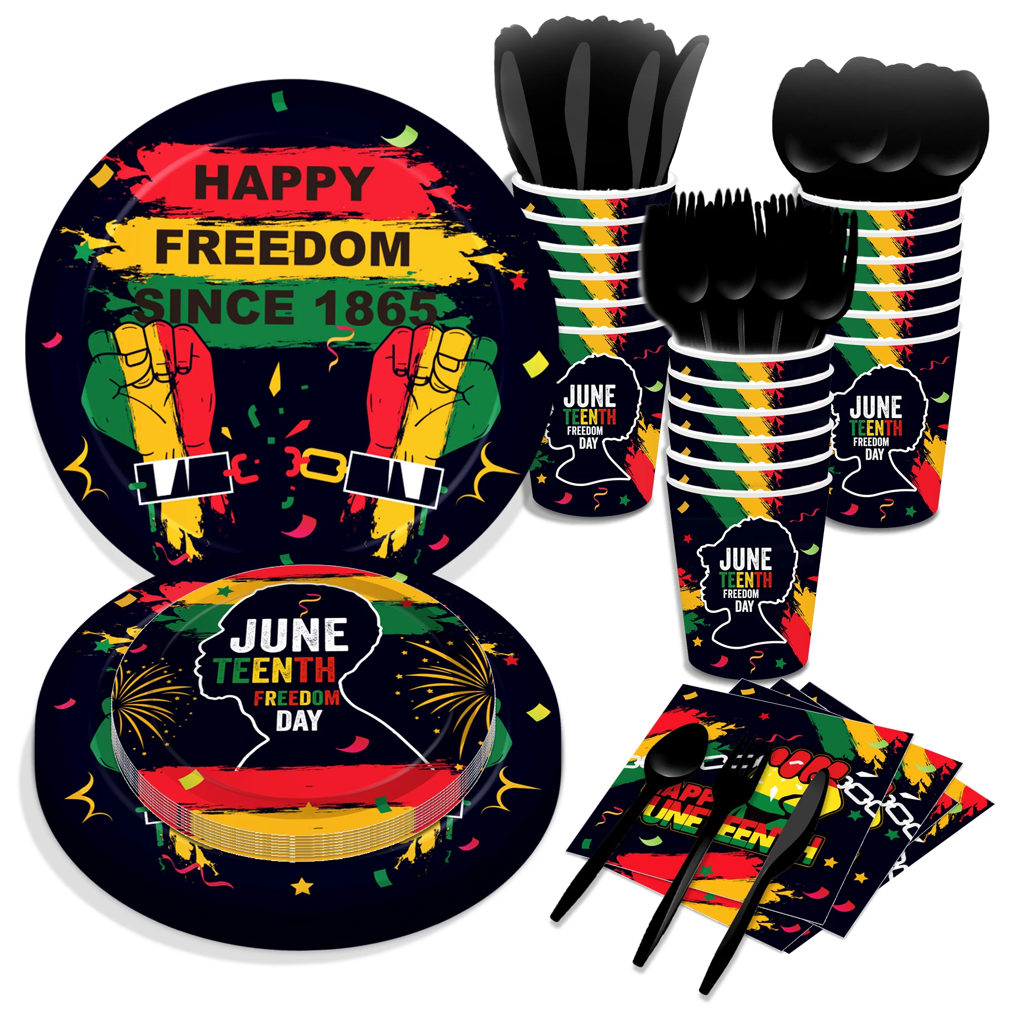 

Cartoon Blackity Happy Freedom 1865 Juneteenth Day Party Paper Disposable Tableware Sets Plates Napkins Cups Birthday Day Decors