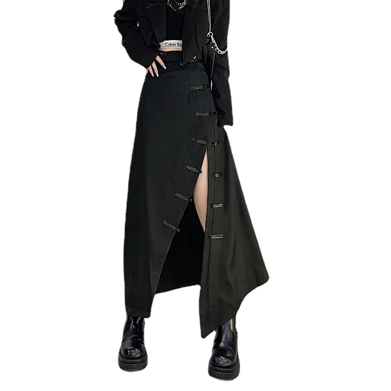 

Spring Summer Women's High Waist Skirt Chi-pao Buttons High Street Black Full Length