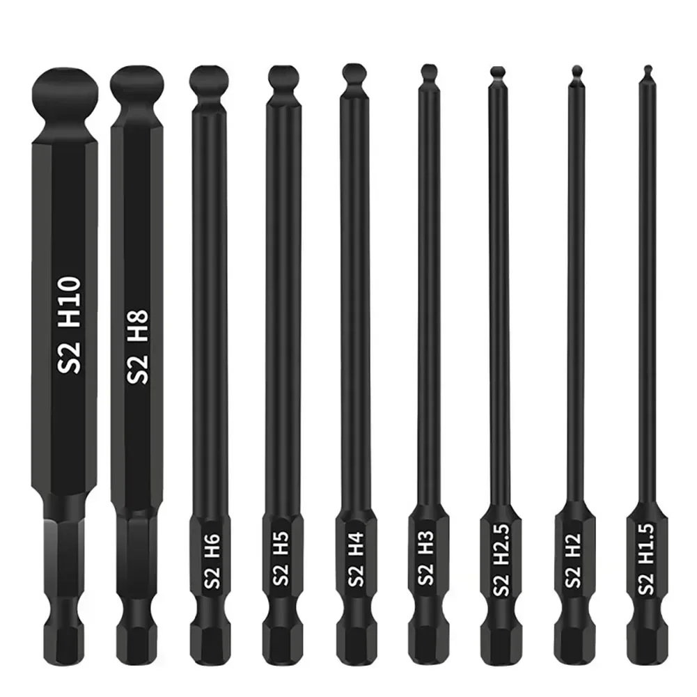 

9 шт., набор шестигранных отверток 1,5–10 мм, длина 100 мм, хвостовик 1/4 дюйма, длинный шариковый наконечник, магнитная шестигранная отвертка, ручные инструменты