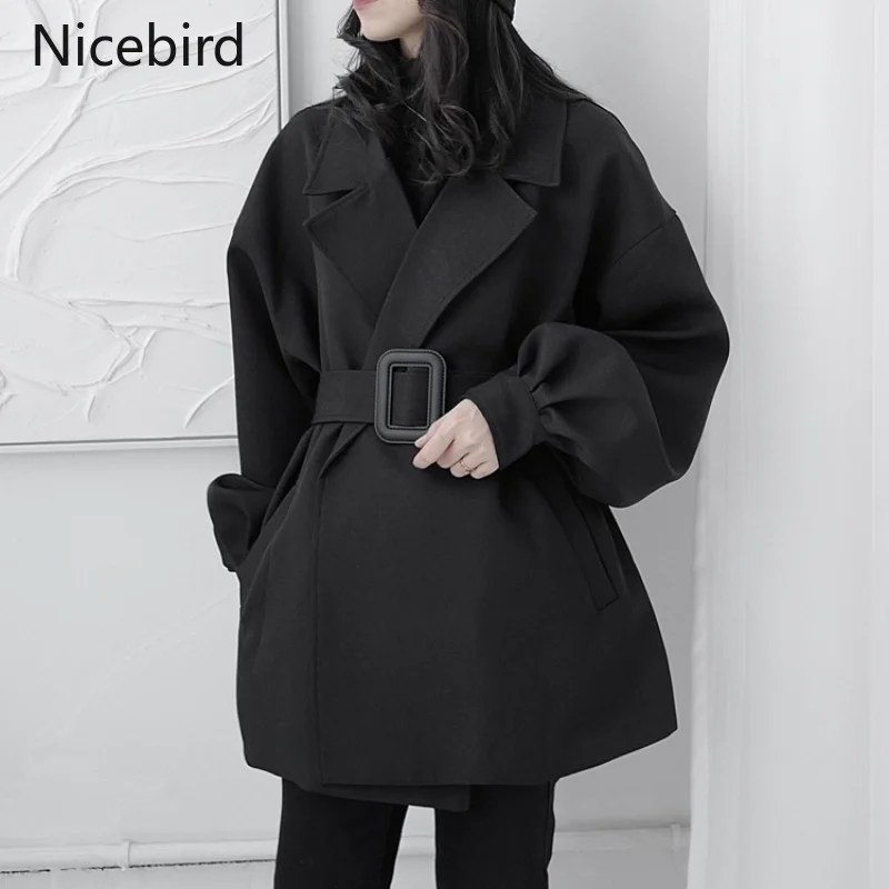 

Тренчкот Nicebird Женский на шнуровке, Свободный Длинный Модный жакет в Корейском стиле, уличная одежда, теплая ветровка с поясом, Осень-зима