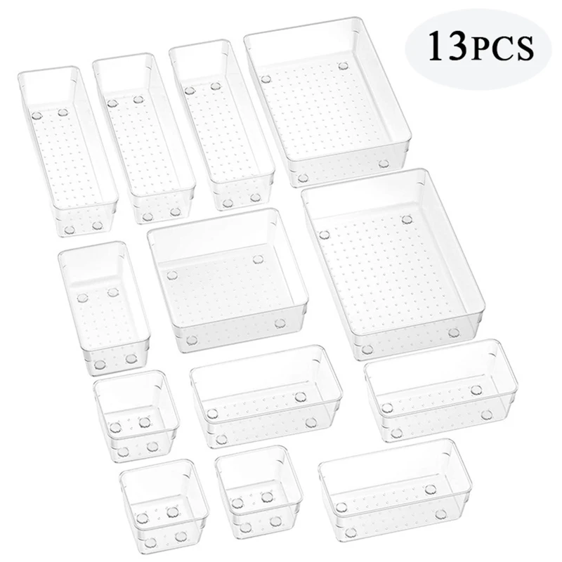 

13 PCS Clear Plastic Desk Drawer Dividers Trays Dresser Storage Bins Separation