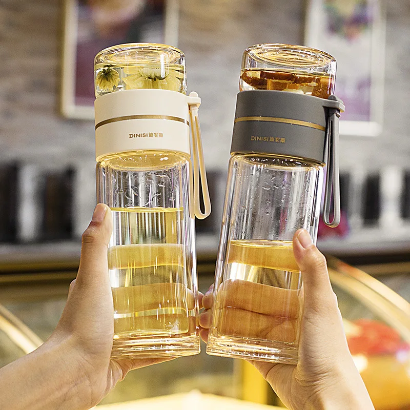 Стеклянная бутылка для воды с двойными стенками и ручкой 400 мл