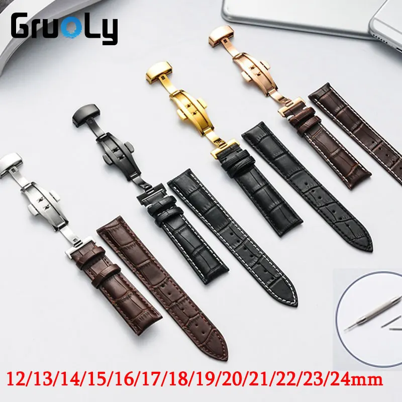 

12mm 13mm 14mm 15mm 16mm 17mm 18mm 19mm 20mm 21mm 22mm 23mm 24mm Watchband Genuine Leather Universal Strap Butterfly Buckle Band