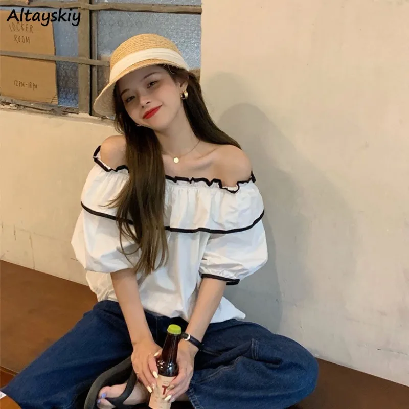 

Slash Neck Blouses Women Short Sleeve Summer Top Harajuku Tender College Fashion Korean Style Preppy Sweet Females New Arrival