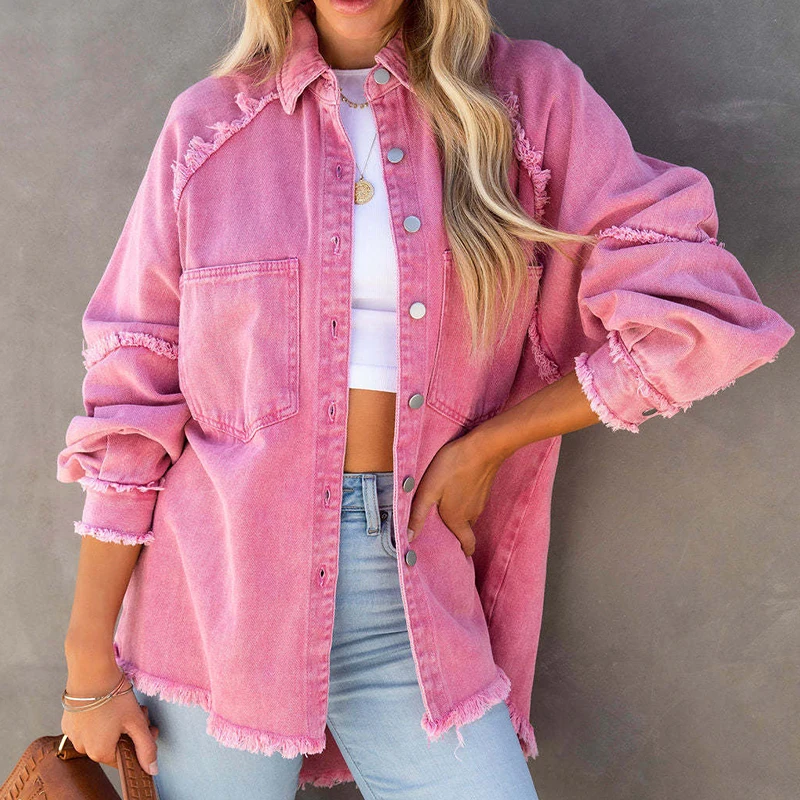 

2022 Autumn Winter New Women Solid Coat Street Hipster Washed Loose Raw Edge Denim Jacket Casual Long Sleeve Burr Cowgirl Jacket