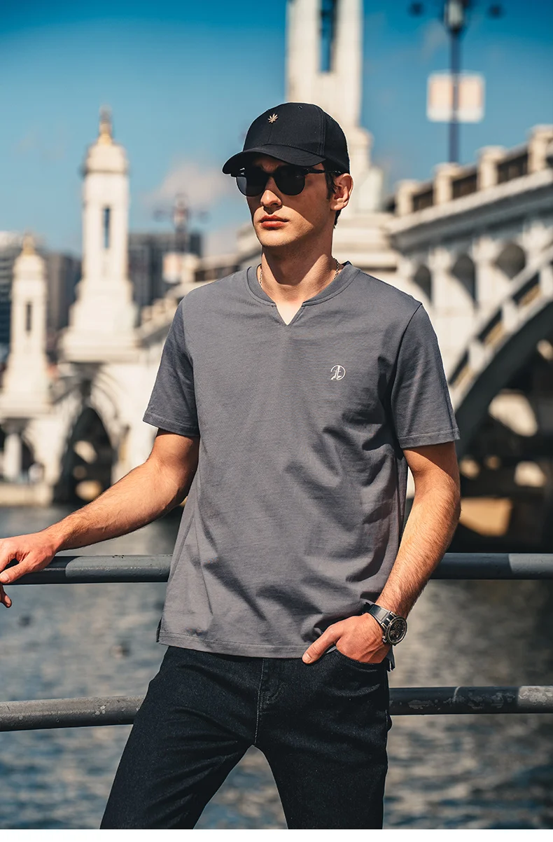 

Y1263 Summer European and American simple V-neck embroidery casual heavy cotton short-sleeved T-shirt