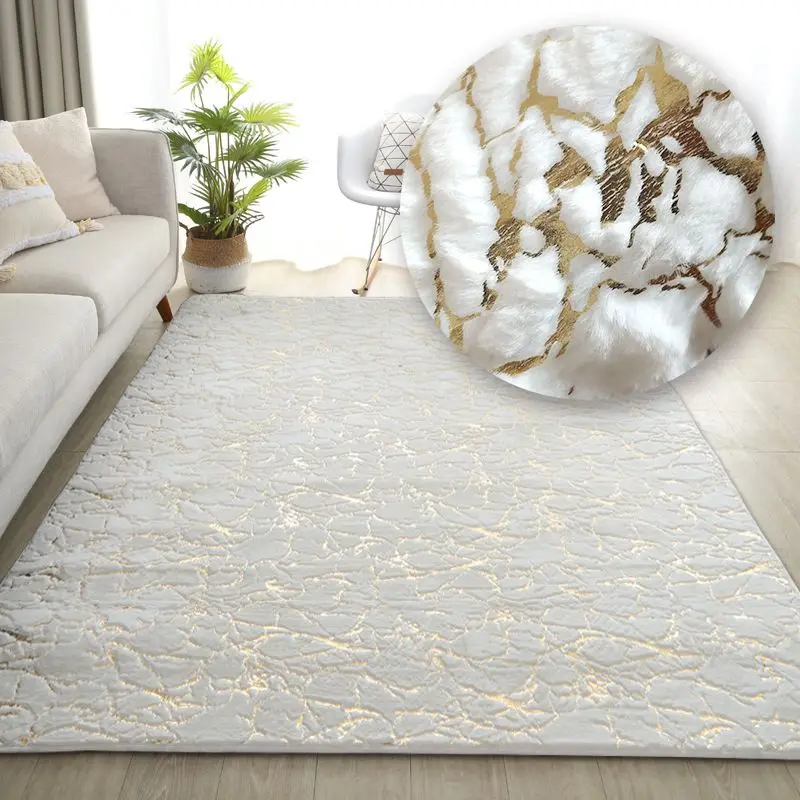 Faux Rabbit Fur Carpet For Living Room Side Table White Gold Marble Fluffy Rug Luxury Bathroom Mat Bedside Fur Mat For Bedroom