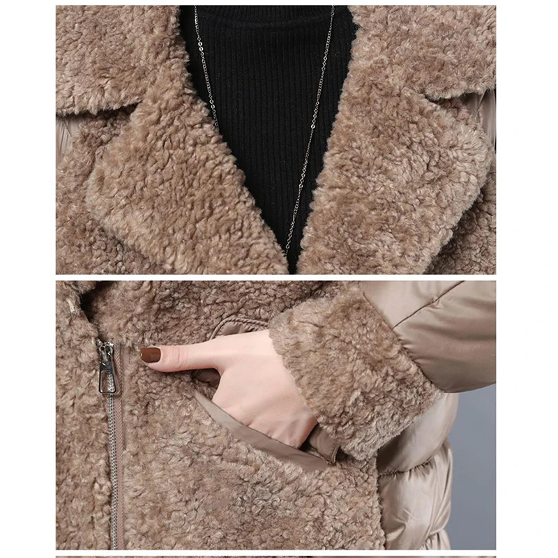 Lamb Wool Patchwork Down Cotton Short Jacket Female Thick Warm Slim Zipper Padded Parkas Elegant Winter Coat Warm Clothes Women