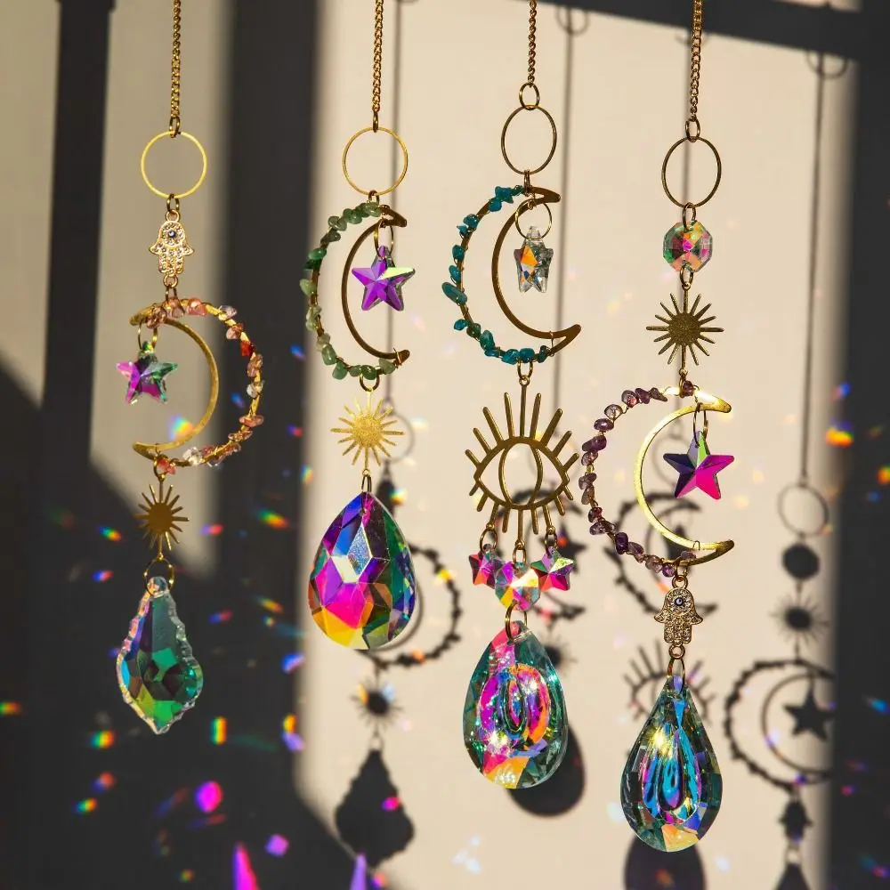 

DIY Wind Chime Ornaments Sunlight Refraction Sun Catchers Crystal Moon Shape Hanging Decoration Rainbow Prisms Pendant