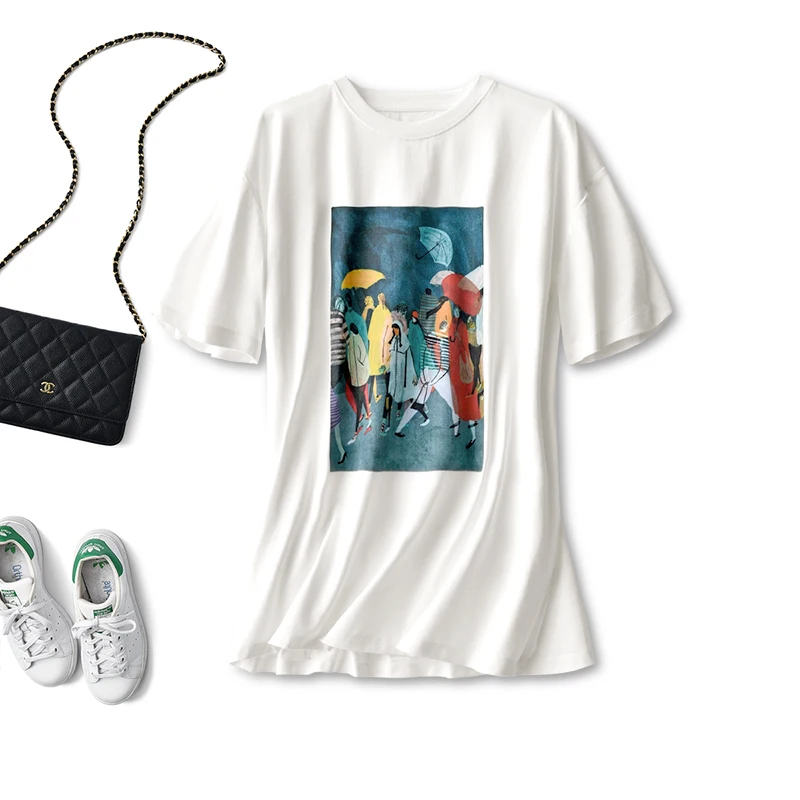 

70% Cotton Blend T Shirt for Women Art 2022 Summer Tees Tops Short Sleeve Casual Vintage Clothes Woman Streetwear Top