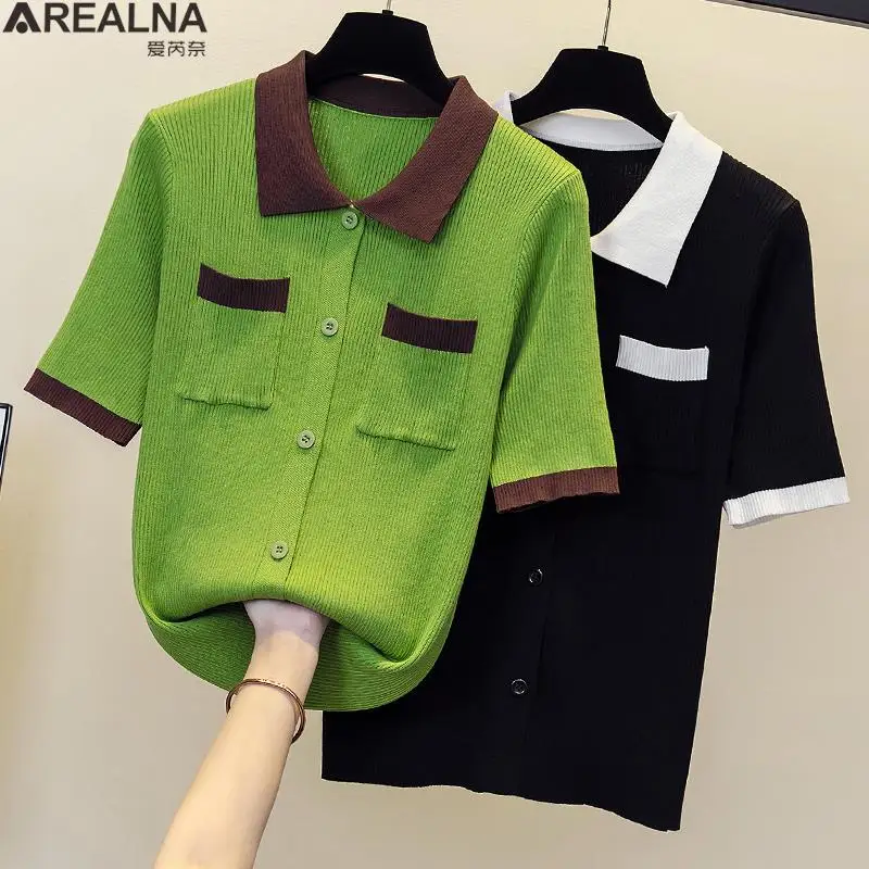 

Knit lapel Tops Summer Basic t-shirts green Black Casual tee shirt femme Korean fashion loose t shirt kawaii clothes for women