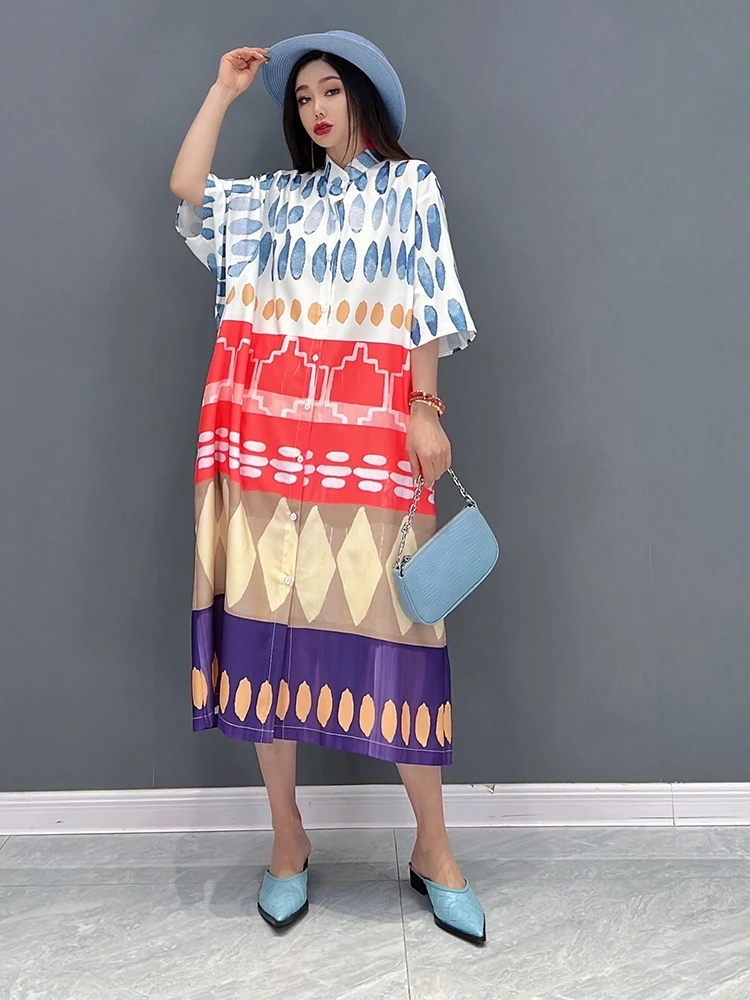 

SuperAen 2022 Summer New Fashion Casual Splicing Printing Shirt Loose Oversized Mid-Calf Straight Dress for Women