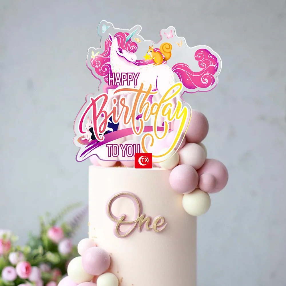 

New Pink Unicorn Birthday Theme Cake Decoration Ins Style Creative Children's Acrylic Decoration Plugin Cake Decorating Tools