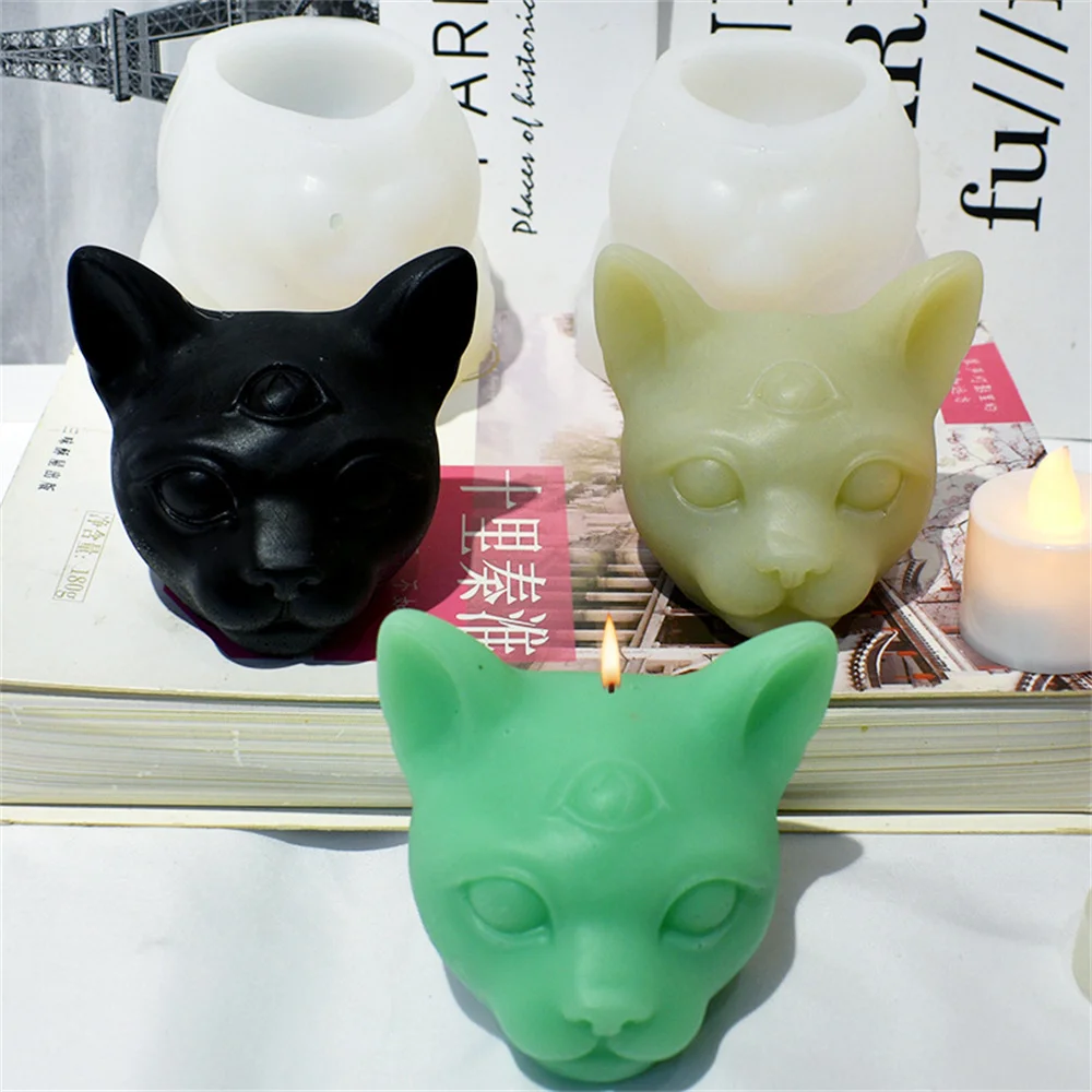 

DIY Three Eyed Cat Resin Mold Cat Head Plaster Ornament Soap 3D Evil Cat Head Candle Mould Silicone mold