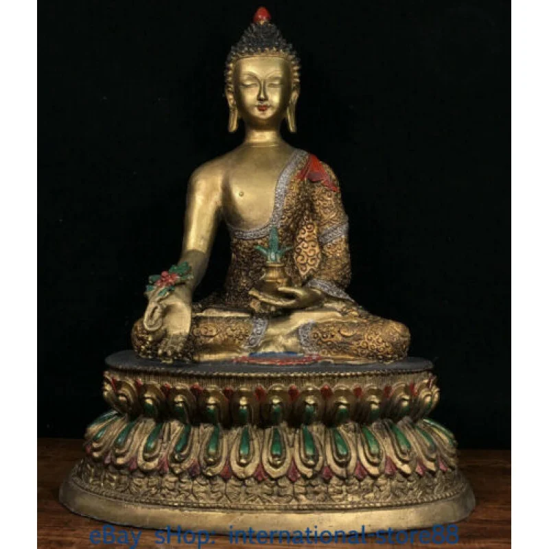 

13.6 Old Tibetan Bronze Painting Seat Door Pull Medical Buddha Statue Medical God Statue