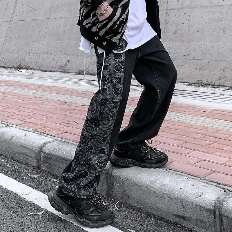 New Men's Brand Clothing High Street Loose Straight Jeans Men's Trendy Printed Wide Leg Pants Black Gray штаны Pantalones Hombre