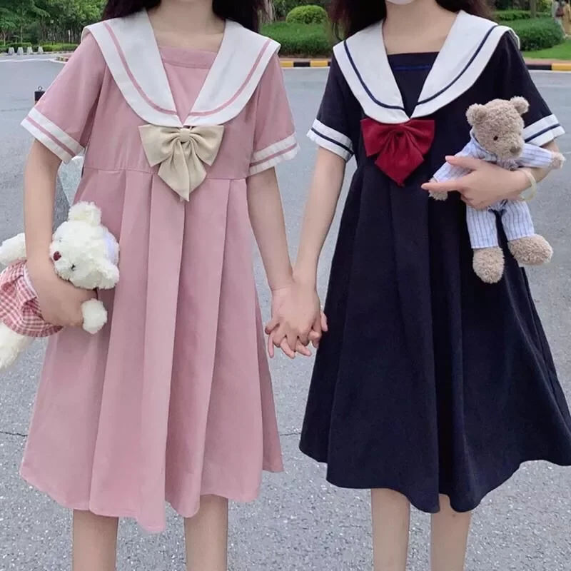 Sleeve Dress Women Bow Patchwork Sailor Collar Pleated JK Japanese Style Sweet Kawaii Pleated A-Line Students Harajuku New