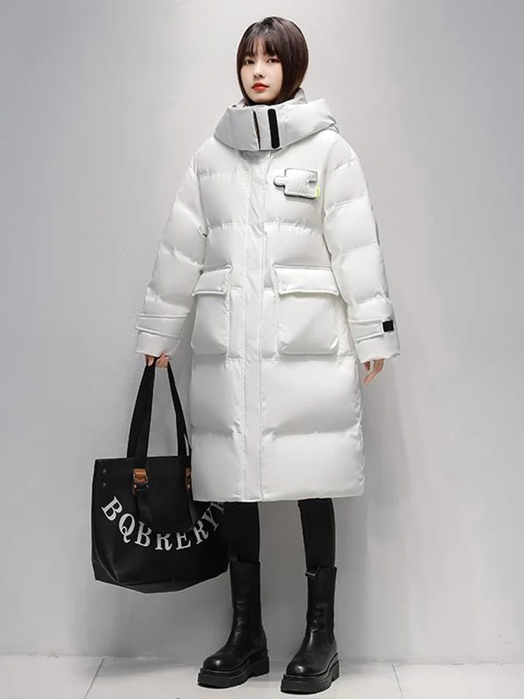 Duck Mid-Length Down jacket Women Contrast Color Korean Sle Thick Loose Slimming over the Knee Outerwear 2024 Winter N...