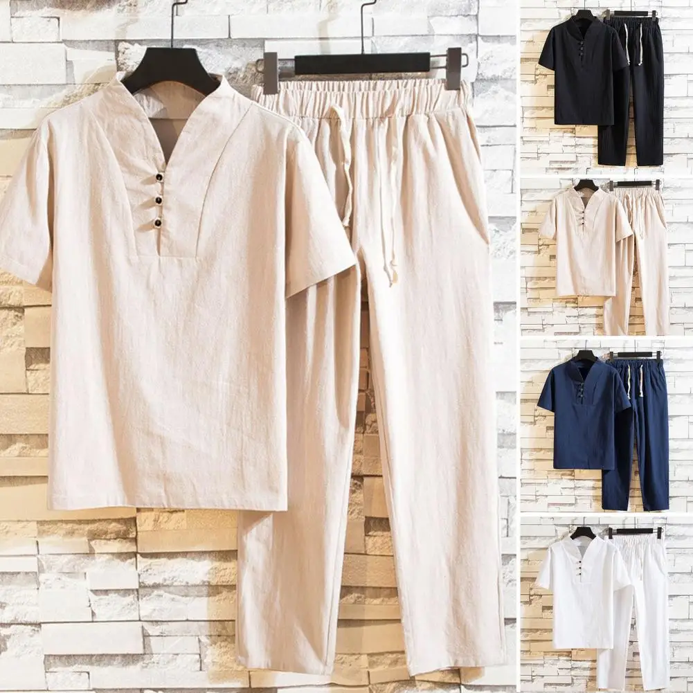 

2 Pcs/Set Chinese Style Short Sleeve Summer Top Pants Set Solid Color V Neck Men Tracksuit All Match Casual Men Tracksuit