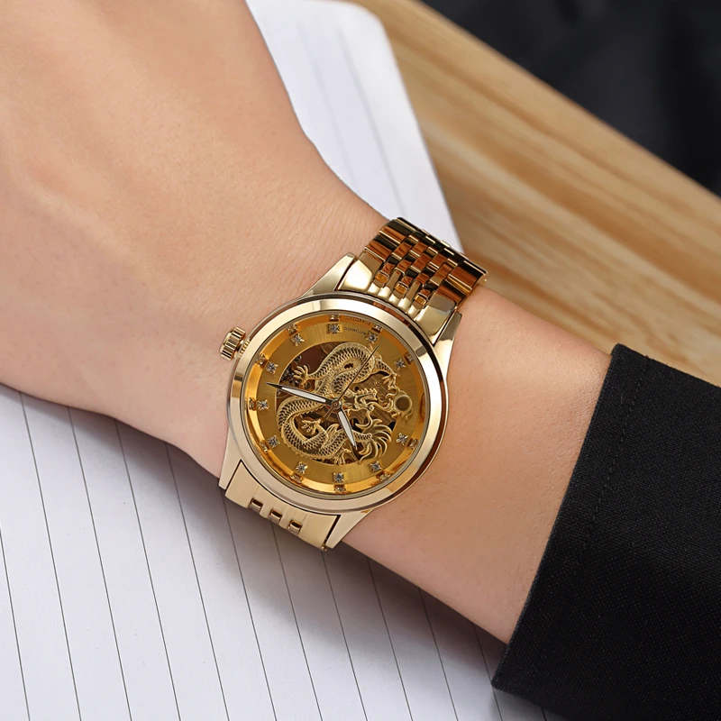 

Wlisth Brand, Men's Watch, Gold Dragon Automatic Mechanical Watch, Commercial Waterproof Watch, 30m waterproof, bow button