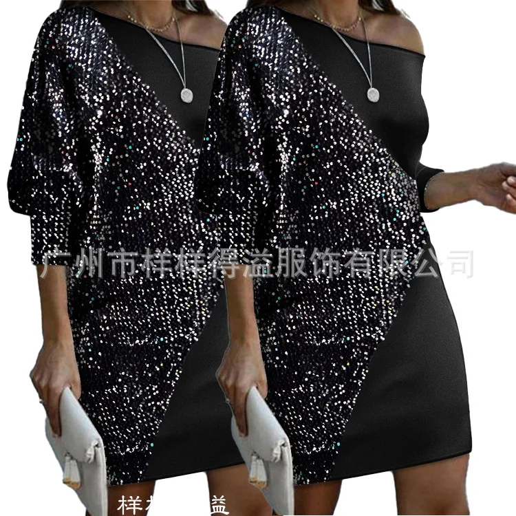 

Women's 2021 new sequin stitching sexy off-the-shoulder long-sleeved dress