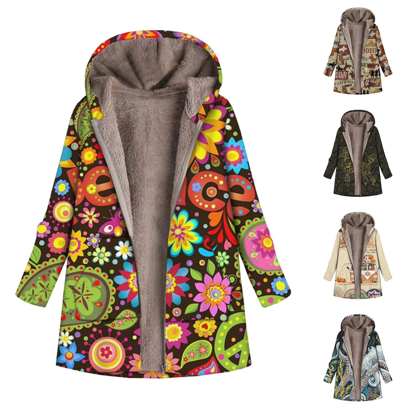 

Осеннее Полушерстяное пальто для женщин, женское утепленное пальто, креативный принт, теплая h зимняя флисовая толстовка с капюшоном, зимне...