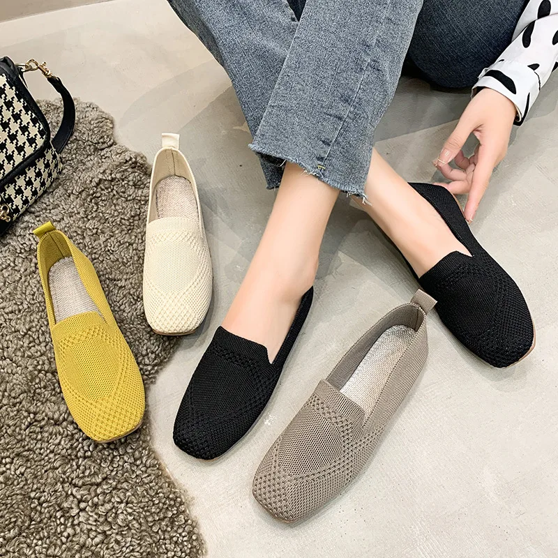 Fashion Woven Single Shoe Woman Spring 2023 Tennis Shoes Flat Bottom Square Toe Casual Loafers Knitting Soft Sole Casual Shoes