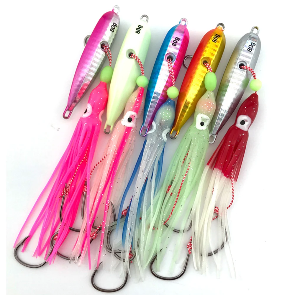 

Bottomship Inchiku Squid Octopus Lure Metal Slow Jig Head Silicone Skirts Hook Sinking Saltwater Fishing Lure 80g