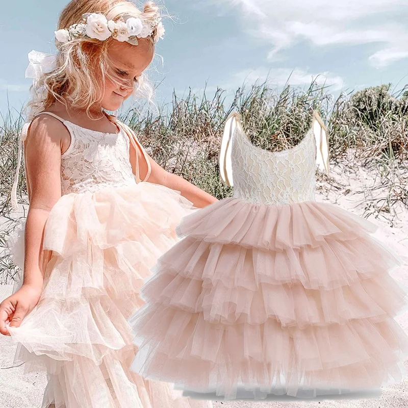 

Little Girls Pageant Lace Princess Dress Sling Cake Layers Summer Costume Baby Girl Birthday Party Tulle Ball Gown Vestidos 3-8Y