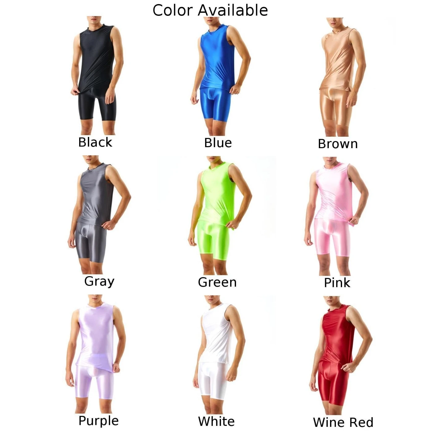 Men Tracksuits Stretch Vest Tanks Shiny Sports Fitness Running Sets Tops Shorts Male Fashion Casual Swimming Yoga Glossy Pants