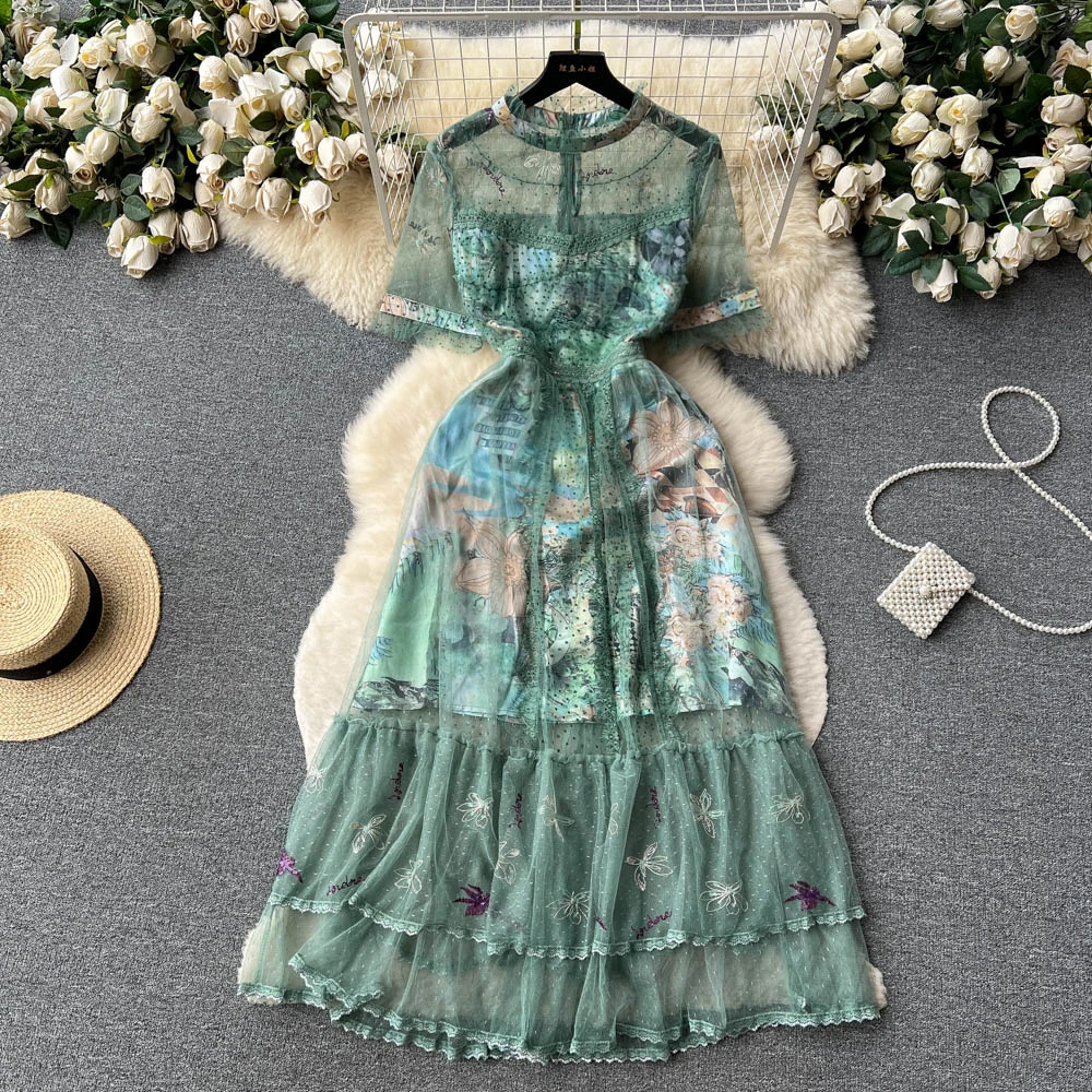 French Court A-line Dress 2023 New Women Round Neck Sweet Mesh Embroidered Short Sleeve Party Clothes Vestidos De Fiesta K908