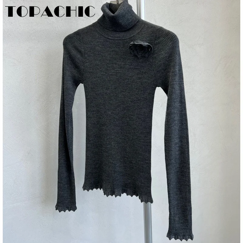11.4 TOPACHIC-Женский однотонный тонкий свитер из шерстяной вязки с розами и