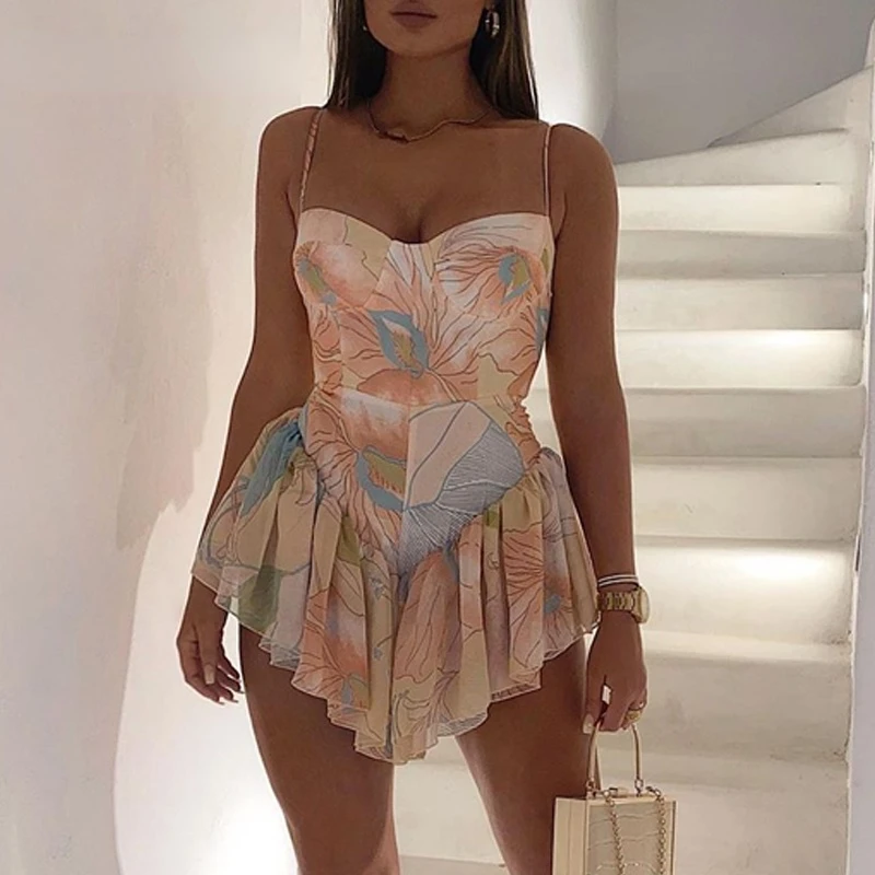 

Women Spaghetti Strap Blooming Floral Print Ruffles Irregular Dress Mini Dress Elegant Fashion Chic Dress