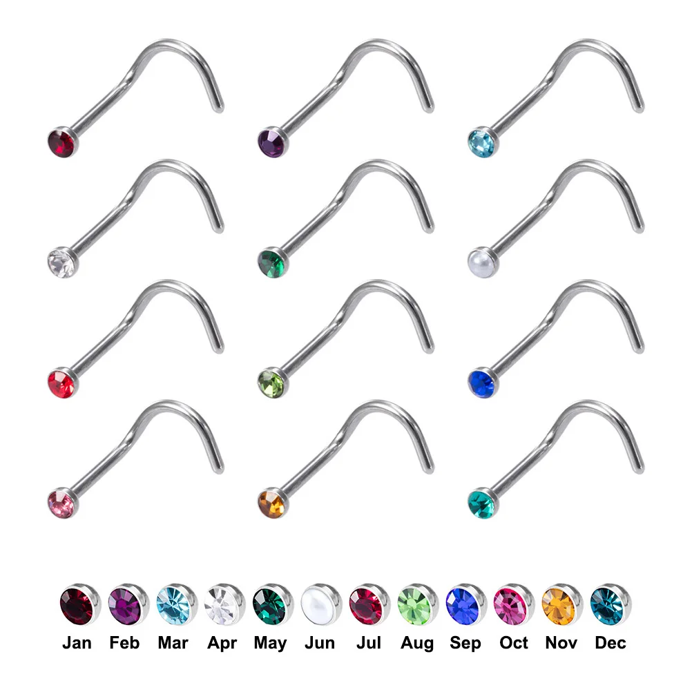 

12PCS Birthstone CZ Nose Stud Rings for Women Screw Bone Nostril Pin 20G Surgical Steel Mix Color Nose Piercing Jewelry 2mm