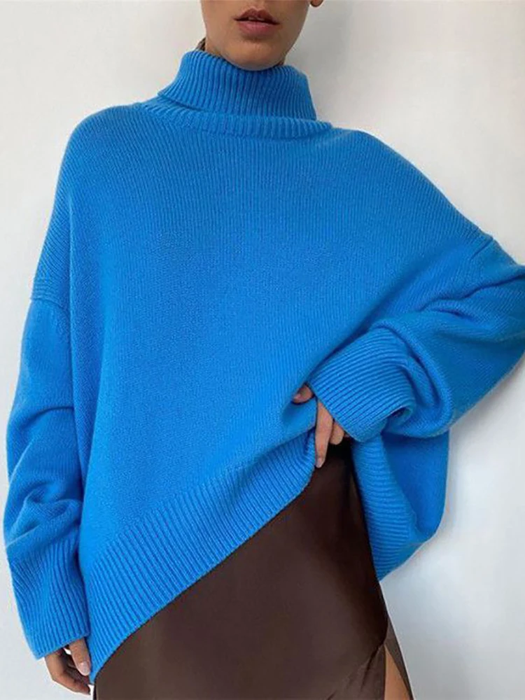 

Taruxy Knitted Turtleneck Sweater Oversize 2022 Winter Long Batwing Sleeve Loose Pullover Jumpe Warm Female Sweaters Blue Tops