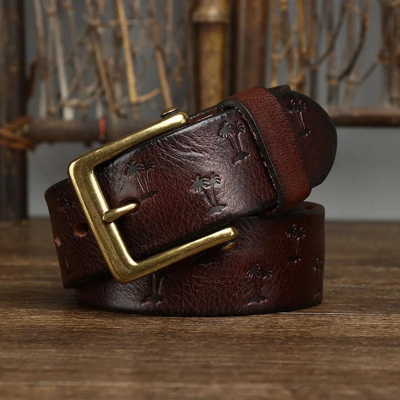 3.8CM Thick Cowhide Copper Buckle Genuine Leather Casual Jeans Belt Men High Quality Embossing Retro Luxury Male Strap Cintos